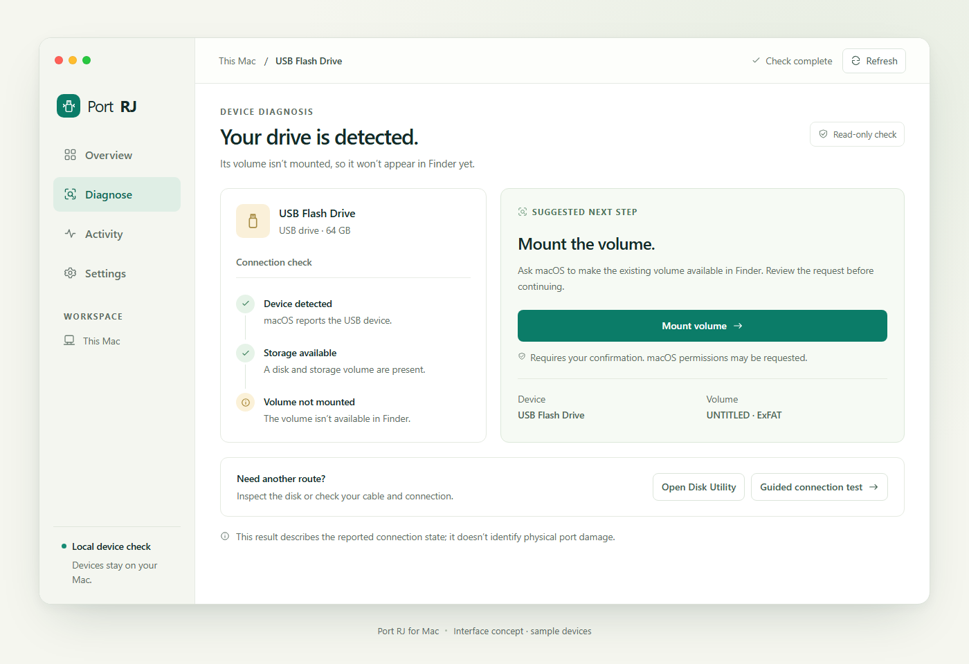Port RJ diagnosis concept screen showing a device-status explanation and guided checks.